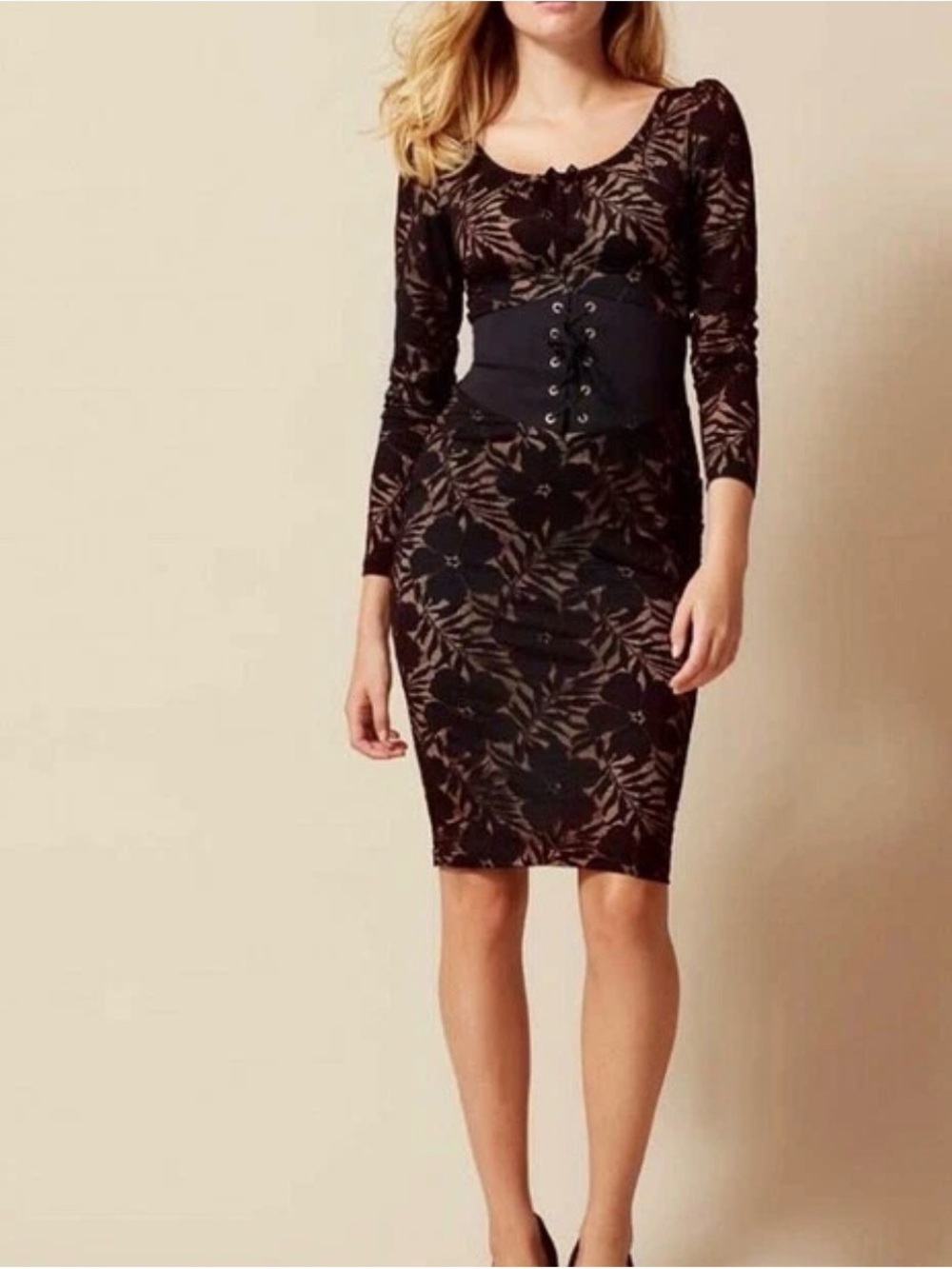 Agent Provocateur Black Floral Lace Sheath Audrey Waspie Dress with Corset Waist